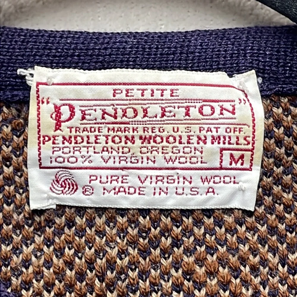 PENDLETON Petite Navy & Brown Swirl Vintage Cardigan Wool Sweater Size Medium